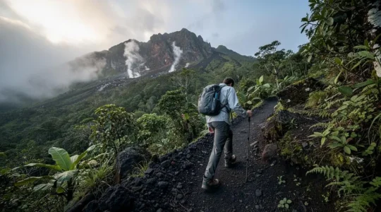 Un randonneur gravit un sentier volcanique pentu et brumeux bordé de végétation tropicale, avec des fumerolles visibles près du sommet.