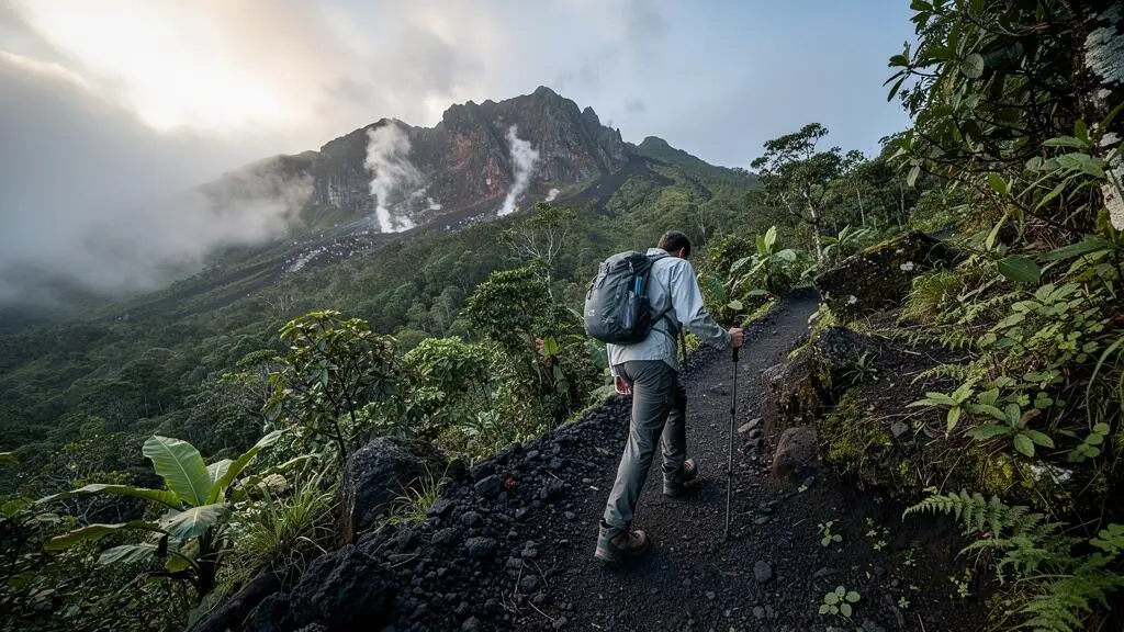 Un randonneur gravit un sentier volcanique pentu et brumeux bordé de végétation tropicale, avec des fumerolles visibles près du sommet.