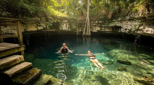 Deux voyageurs nagent dans l'eau claire d'un cénote ouvert du Yucatán, près d'une plateforme en bois et d'un escalier de pierre.