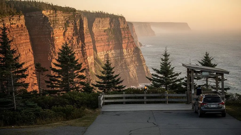 Panorama d'une falaise côtière de l'Atlantique canadien vue depuis un belvédère routier avec parement de bois et voiture garée au bord de la route.