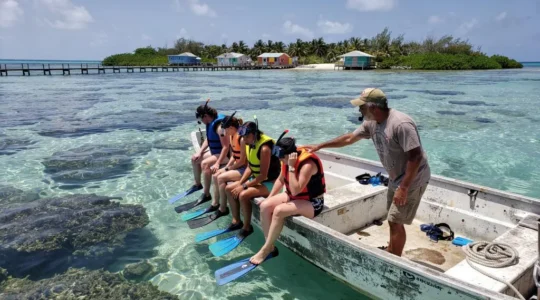 Un guide local briefe un petit groupe de snorkelers équipés de gilets et de masques à bord d'un bateau amarré près d'un récif peu profond aux eaux turquoise