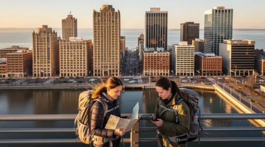 Deux voyageurs consultent une carte sur un pont piéton face au centre-ville de Chicago, entre gratte-ciel anciens et tours de verre, avec le lac à l'horizon.