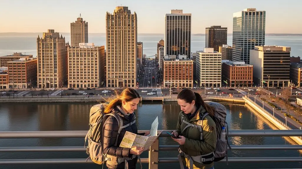 Deux voyageurs consultent une carte sur un pont piéton face au centre-ville de Chicago, entre gratte-ciel anciens et tours de verre, avec le lac à l'horizon.