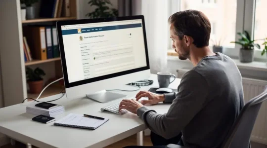 Une personne entre minutieusement les informations d'une demande ESTA sur un ordinateur.
