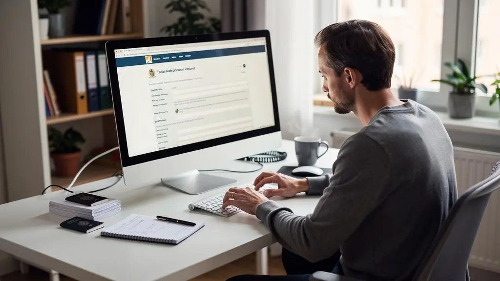 Une personne entre minutieusement les informations d'une demande ESTA sur un ordinateur.