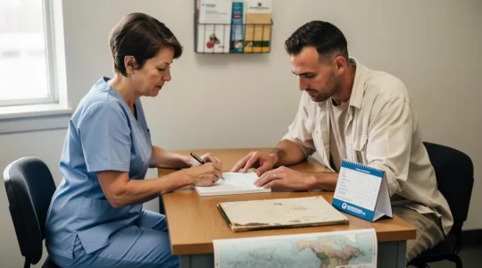 Une infirmière d'une clinique santé-voyage examine avec un voyageur les pages d'un carnet de vaccination posé sur un bureau de consultation.