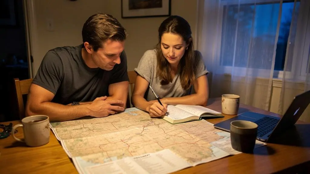 Un couple trace à la main son itinéraire de road trip sur une carte routière posée sur la table d'un hébergement de vacances.