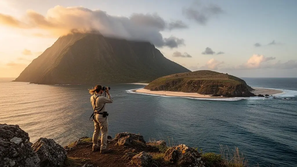 Un naturaliste observe depuis un point de vue côtier deux îles des Caraïbes aux reliefs et à la végétation très différents, à l'aube.