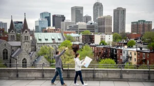 Deux personnes observent depuis un point de vue élevé le panorama de Montréal où se succèdent vieux quartiers, tours du centre-ville et maisons résidentielles à escaliers extérieurs.