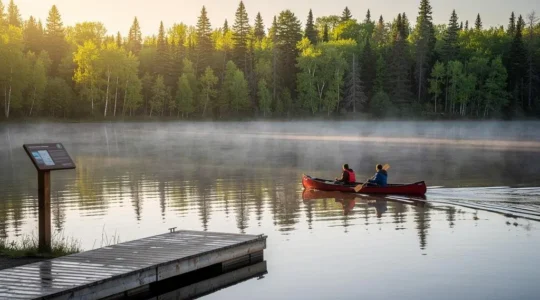 Un canot rouge glisse sur un lac calme entouré de forêt boréale tôt le matin dans un parc national canadien.