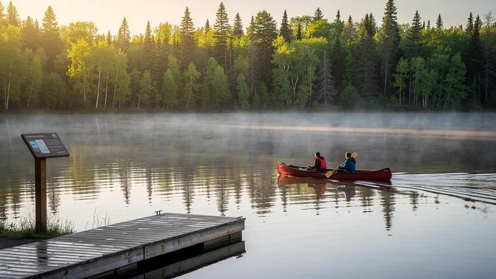 Un canot rouge glisse sur un lac calme entouré de forêt boréale tôt le matin dans un parc national canadien.