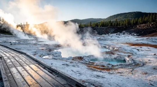 Un bassin géothermique volcanique au petit matin avec des geysers qui expulsent des colonnes de vapeur sous une lumière dorée.