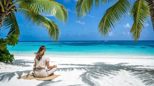 Une personne se repose sur une plage de sable blanc avec des palmiers et des eaux turquoises en Guadeloupe.