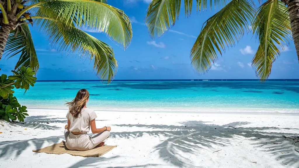 Une personne se repose sur une plage de sable blanc avec des palmiers et des eaux turquoises en Guadeloupe.