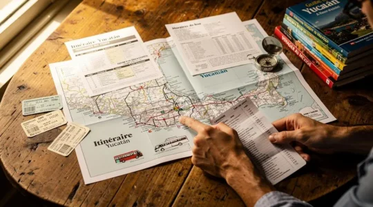 Cartographie complexe du Yucatán avec horaires de bus et billets sur une table en bois.