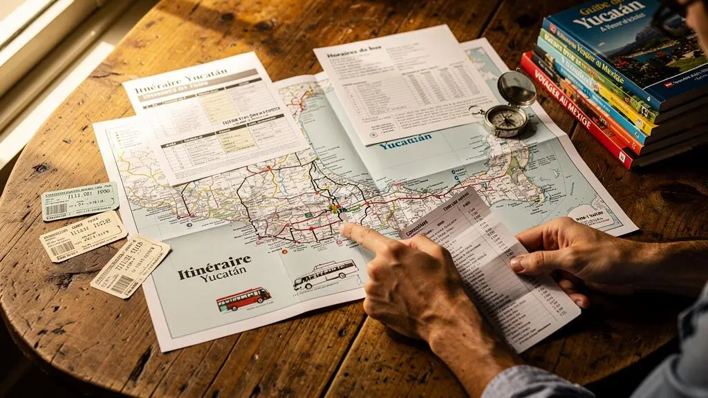 Cartographie complexe du Yucatán avec horaires de bus et billets sur une table en bois.