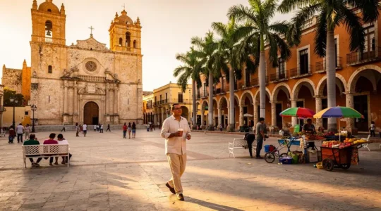 La Plaza Grande de Mérida au petit matin, avec la façade coloniale de la cathédrale, des passants et des vendeurs installant leurs étals sous une lumière dorée.