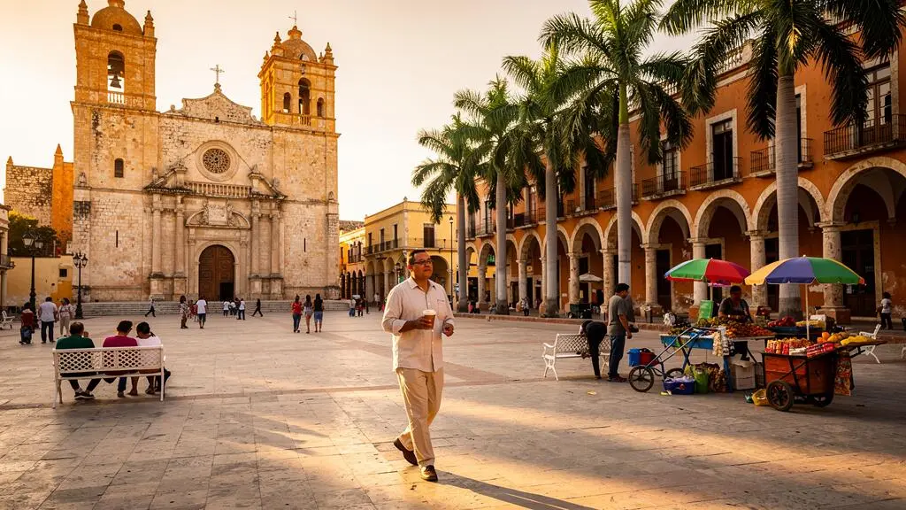 La Plaza Grande de Mérida au petit matin, avec la façade coloniale de la cathédrale, des passants et des vendeurs installant leurs étals sous une lumière dorée.