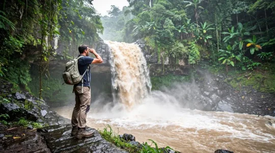 Un randonneur observe une cascade tropicale à l'eau marron après la pluie, entourée d'une forêt dense des Antilles.