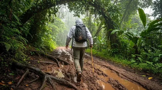Un randonneur avance prudemment sur un sentier de forêt tropicale martiniquais transformé en boue glissante après la pluie.