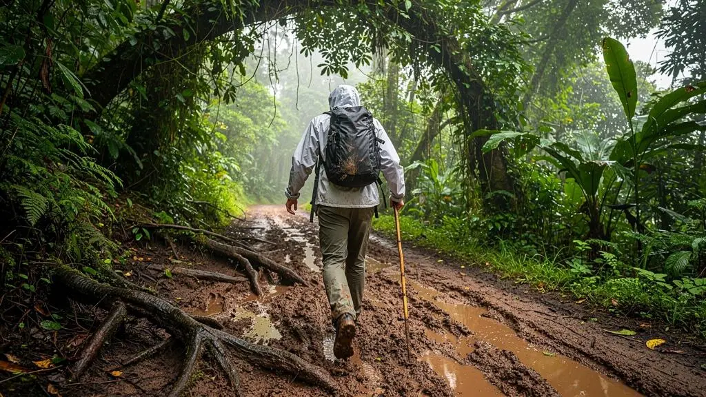 Un randonneur avance prudemment sur un sentier de forêt tropicale martiniquais transformé en boue glissante après la pluie.
