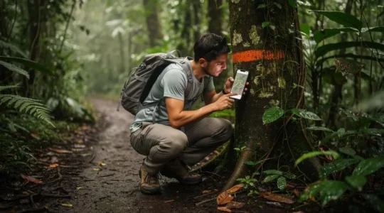 Un randonneur vérifie une marque de balisage sur un arbre tout en consultant une trace GPS sur son téléphone dans une forêt tropicale humide.