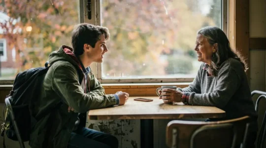 Un échange amical et respectueux entre un voyageur et un habitant canadien dans un café.