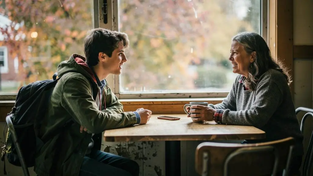Un échange amical et respectueux entre un voyageur et un habitant canadien dans un café.