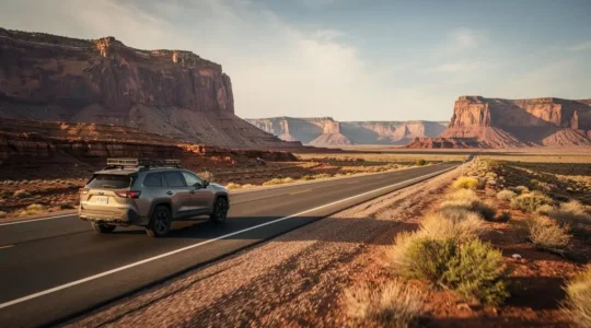 Une voiture de location roule sur une route isolée au milieu des vastes paysages désertiques de l'Ouest américain.