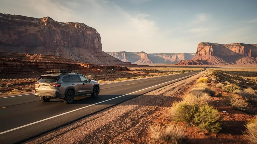 Une voiture de location roule sur une route isolée au milieu des vastes paysages désertiques de l'Ouest américain.