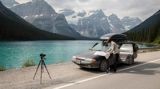Un voyageur consulte une carte routière posée sur le capot de sa voiture garée sur un belvédère de la route des Glaciers, entouré de lacs turquoise et de sommets des Rocheuses canadiennes.