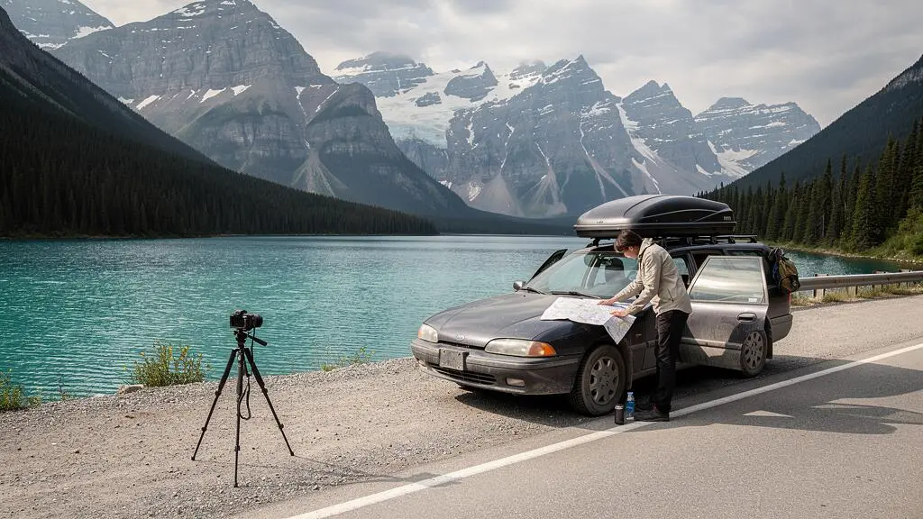 Un voyageur consulte une carte routière posée sur le capot de sa voiture garée sur un belvédère de la route des Glaciers, entouré de lacs turquoise et de sommets des Rocheuses canadiennes.
