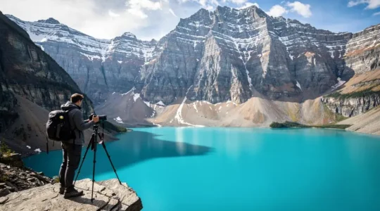 Photographe au bord d'un lac turquoise isolé dans les montagnes des Rocheuses canadiennes.