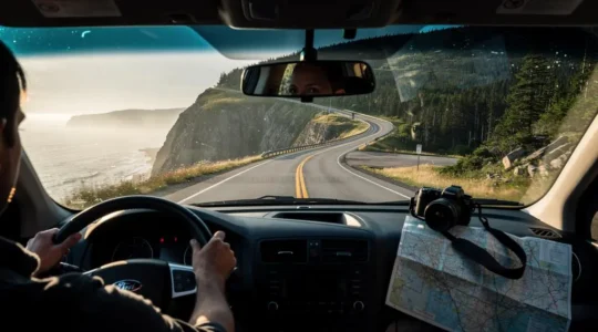 Conducteur au volant d'une voiture parcourant une route côtière sinueuse surplombant l'océan sur la route Cabot au Cap-Breton, avec une carte pliée sur le siège passager