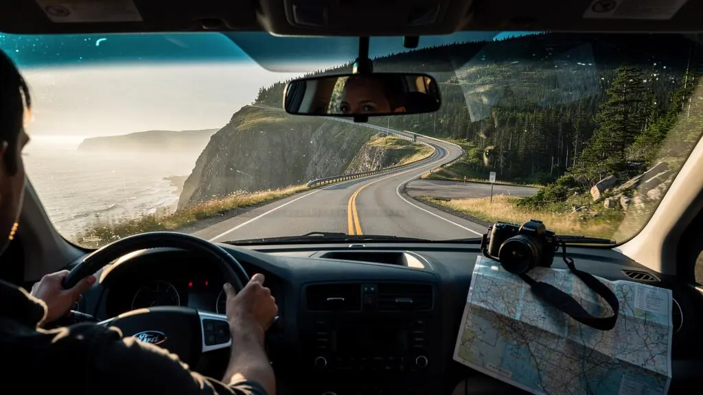 Conducteur au volant d'une voiture parcourant une route côtière sinueuse surplombant l'océan sur la route Cabot au Cap-Breton, avec une carte pliée sur le siège passager