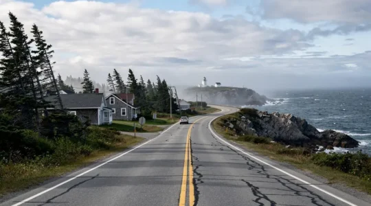 Une route côtière à deux voies serpente le long des falaises de l'Atlantique en Nouvelle-Écosse, avec une voiture au loin et un phare sur un cap.
