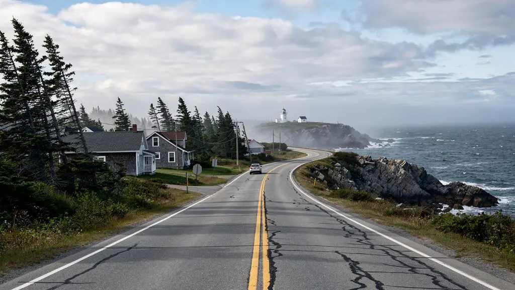 Une route côtière à deux voies serpente le long des falaises de l'Atlantique en Nouvelle-Écosse, avec une voiture au loin et un phare sur un cap.
