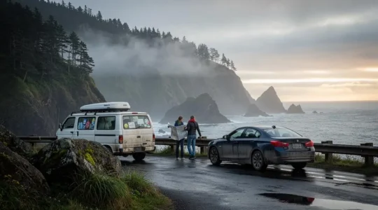 Un van aménagé et une voiture stationnés sur un aire d'arrêt d'une route côtière du Pacifique, avec deux voyageurs observant l'océan sous la brume matinale d'été.