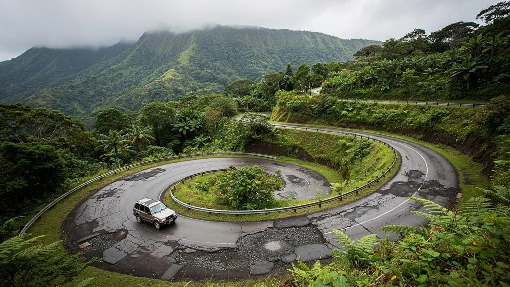 Une voiture de location aborde un lacet serré sur une route de montagne étroite et humide au milieu de la forêt tropicale de la Dominique.