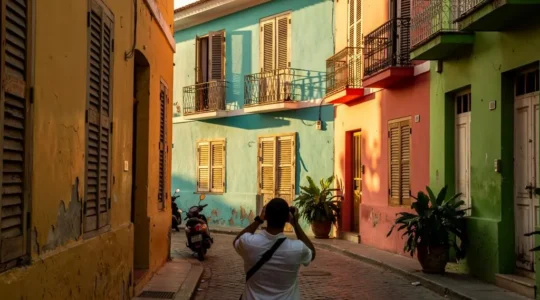 Un photographe cadrent une rue bordée de façades coloniales colorées dans une ville caribéenne éclairée par la lumière du matin.