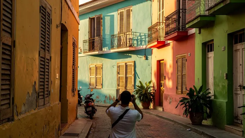 Un photographe cadrent une rue bordée de façades coloniales colorées dans une ville caribéenne éclairée par la lumière du matin.