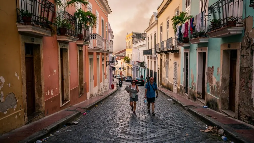 Rue pavée en pente du Vieux San Juan bordée de façades coloniales colorées, avec des voyageurs descendant à pied en fin d'après-midi.