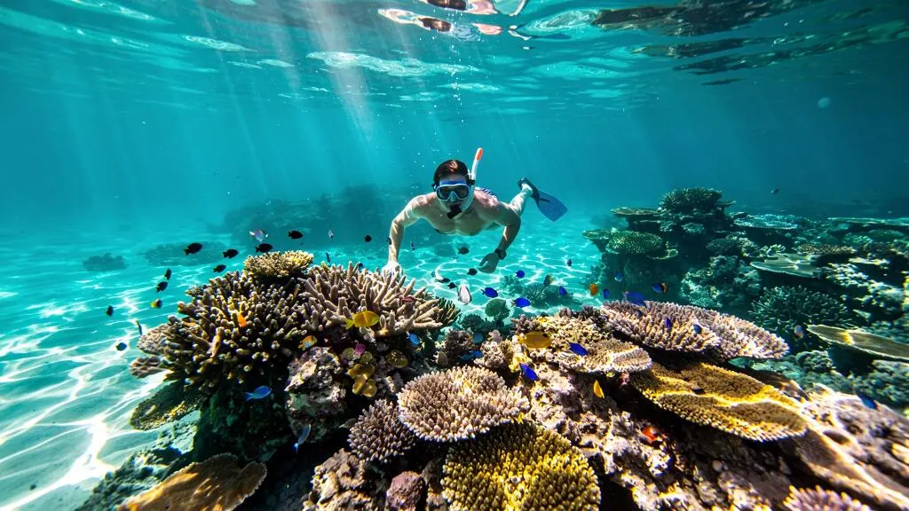 Un plongeur en snorkeling observe une vie marine diversifiée au sommet d'un récif corallien dans les Caraïbes.