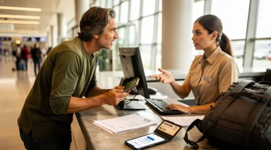 Un voyageur présente son passeport au comptoir d'enregistrement d'un aéroport tandis qu'un agent vérifie ses documents de voyage.