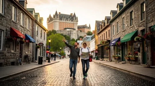Deux visiteurs consultent un plan sur une rue pavée en pente du Vieux-Québec, avec un grand bâtiment à tourelles au sommet de la côte.