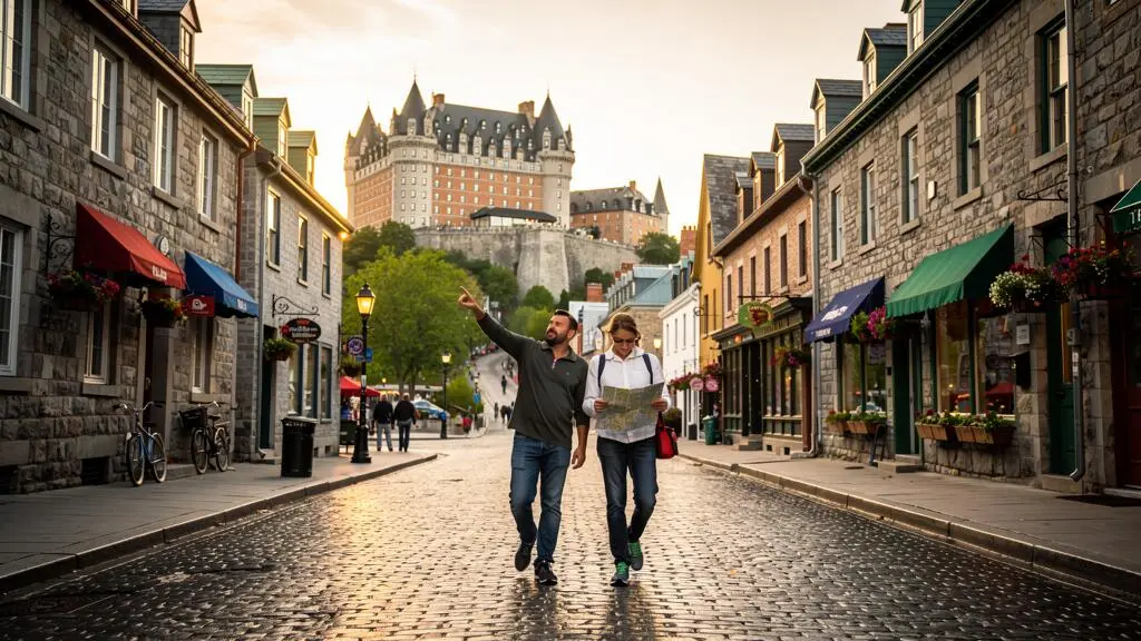 Deux visiteurs consultent un plan sur une rue pavée en pente du Vieux-Québec, avec un grand bâtiment à tourelles au sommet de la côte.