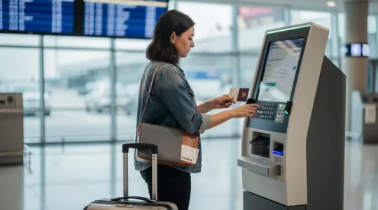 Un voyageur saisit les informations de son passeport sur une borne d'enregistrement dans un aéroport canadien avant l'embarquement.