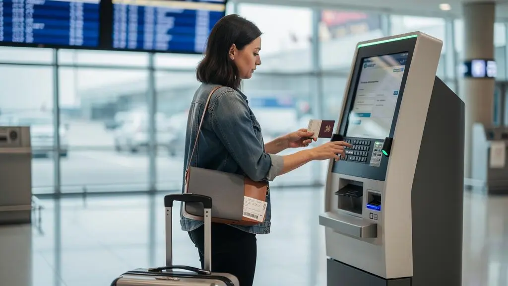 Un voyageur saisit les informations de son passeport sur une borne d'enregistrement dans un aéroport canadien avant l'embarquement.