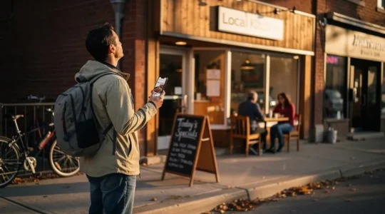 Un voyageur consulte son téléphone devant un restaurant de quartier à la vitrine éclairée, comparant les avis en ligne avec le lieu réel.