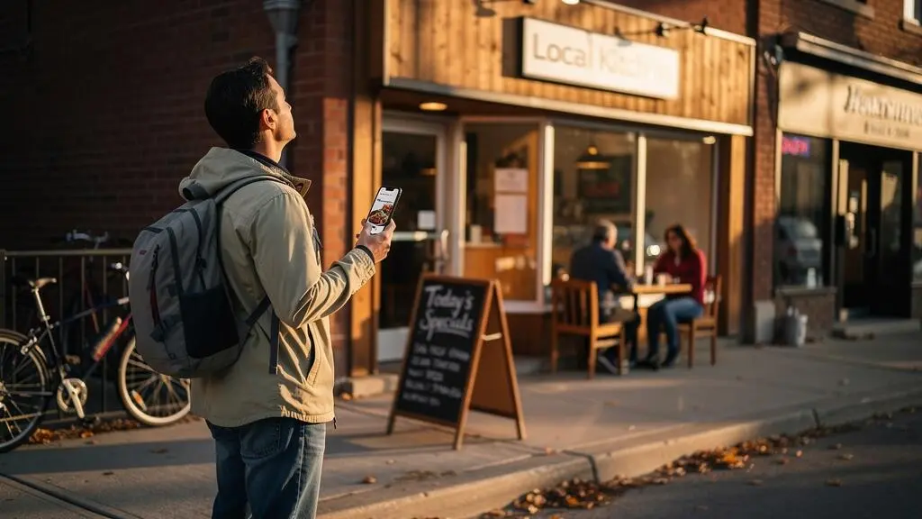 Un voyageur consulte son téléphone devant un restaurant de quartier à la vitrine éclairée, comparant les avis en ligne avec le lieu réel.
